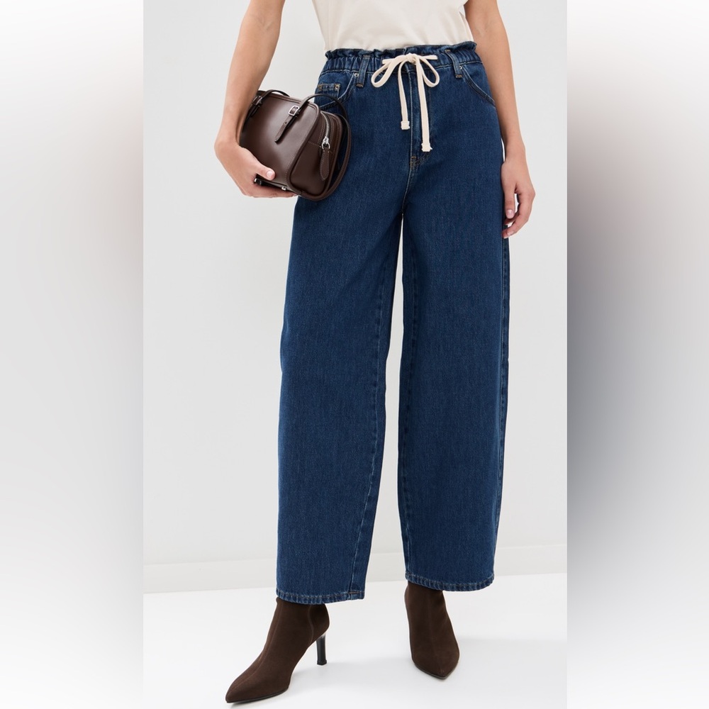 Paperbag Waist Wide-Leg Jeans - Dark Blue